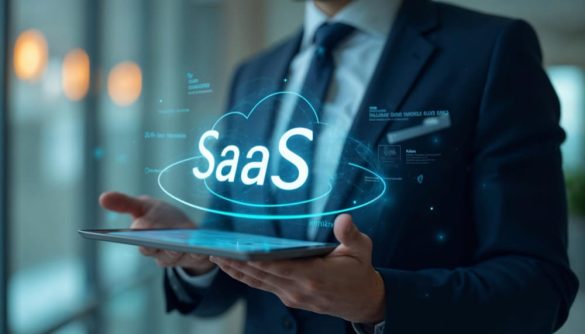 Un professionnel en costume tenant une tablette affichant un hologramme lumineux "SaaS" pour illustrer le développement de SaaS en entreprise