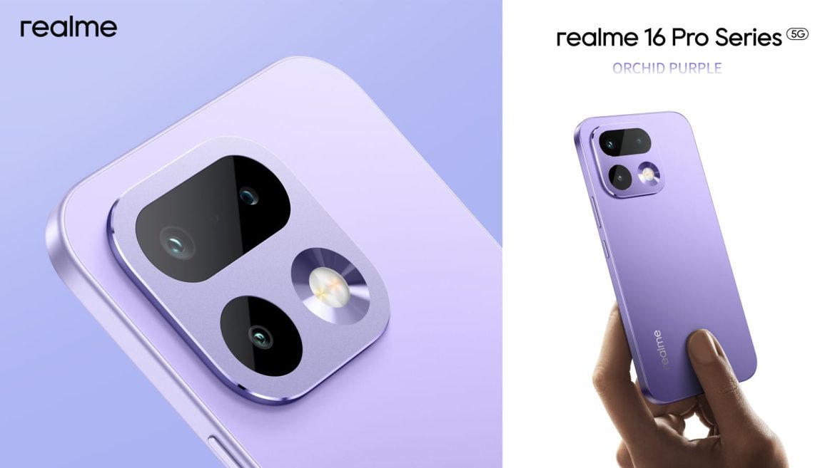 Image promotionnelle du smartphone realme 16 Pro en coloris Orchid Purple, montrant un gros plan du module caméra arrière à gauche et une main tenant le téléphone entier à droite.