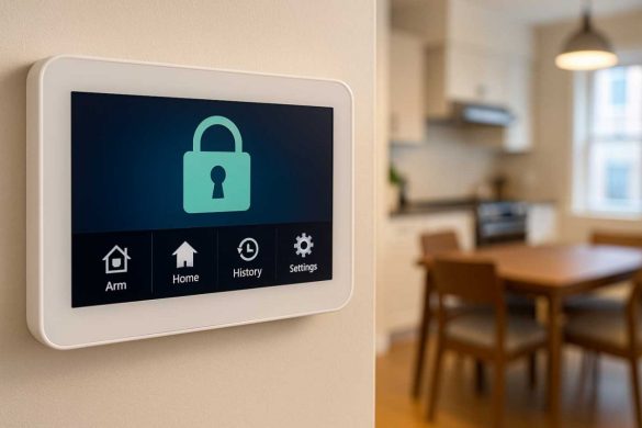 Écran tactile mural d'alarmes connectées avec interface sécurisée dans salle à manger moderne