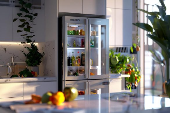 Réfrigérateur double porte vitrée moderne, avec des étagères illuminées, dans une cuisine ensoleillée