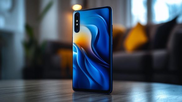 Un smartphone moderne avec un écran incurvé affiche un fond d'écran abstrait aux tons bleus et orangés.