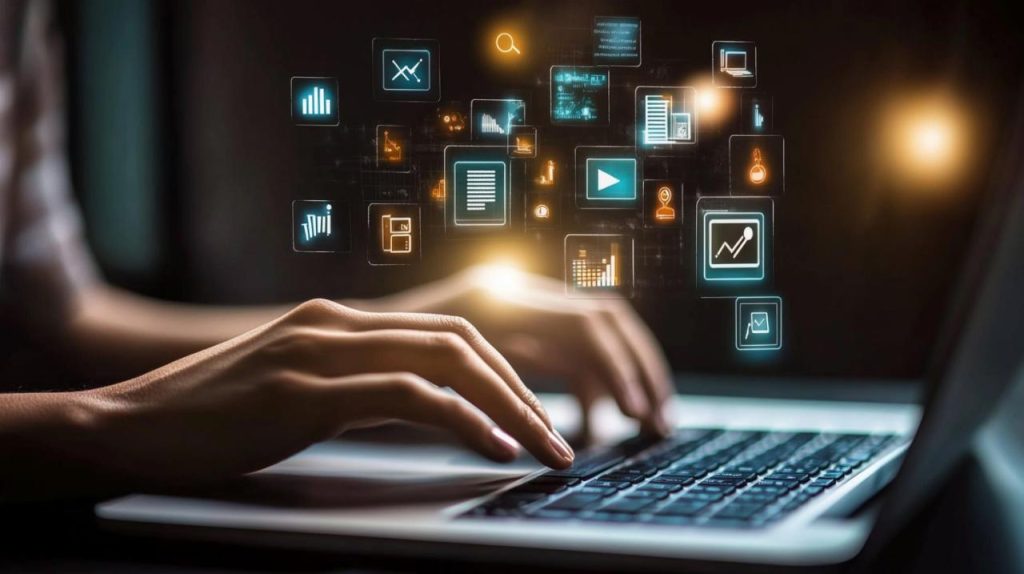 Gros plan sur des mains utilisant un ordinateur portable avec des icônes numériques symbolisant la navigation sur un moteur de recherche Safari