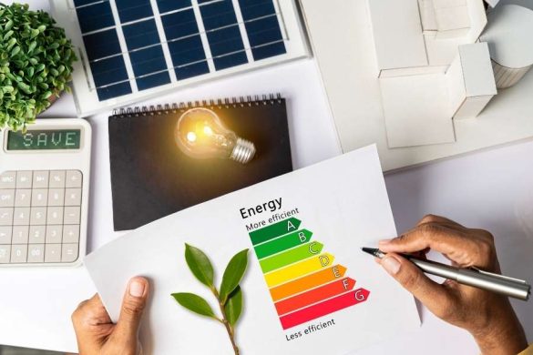 Une personne examine un document sur l'étiquette énergétique avec une ampoule allumée, une calculatrice et un panneau solaire miniature.