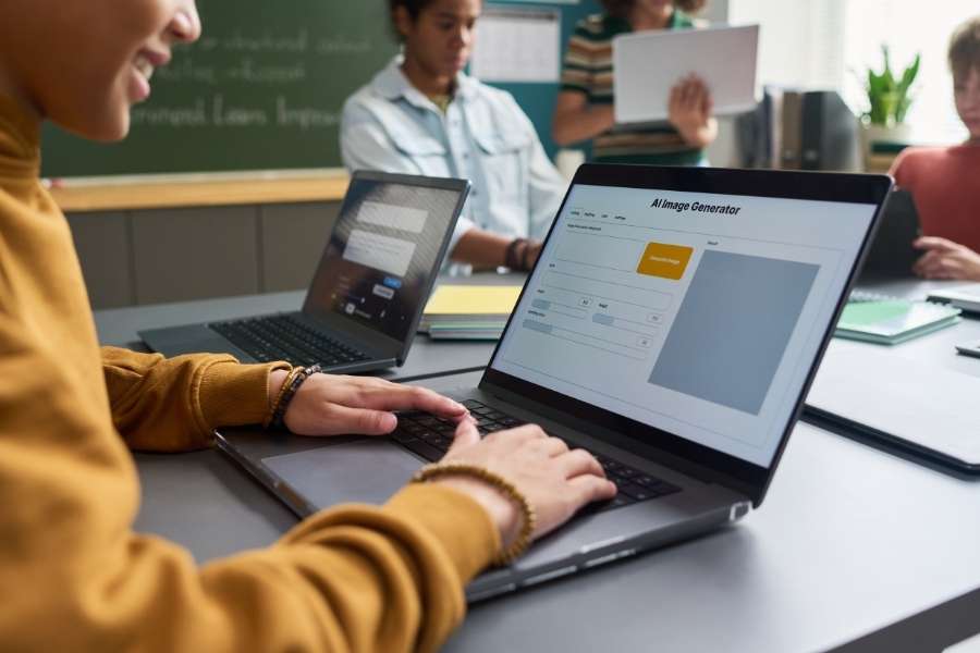 Un jeune utilisateur tape sur le clavier d'un ordinateur portable affichant une interface de générateurs d'images par intelligence artificielle dans une salle de classe.